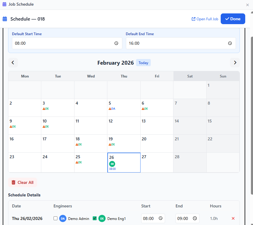 Inline schedule calendar modal on Kanban board showing date selection, start and end times, and engineer assignment