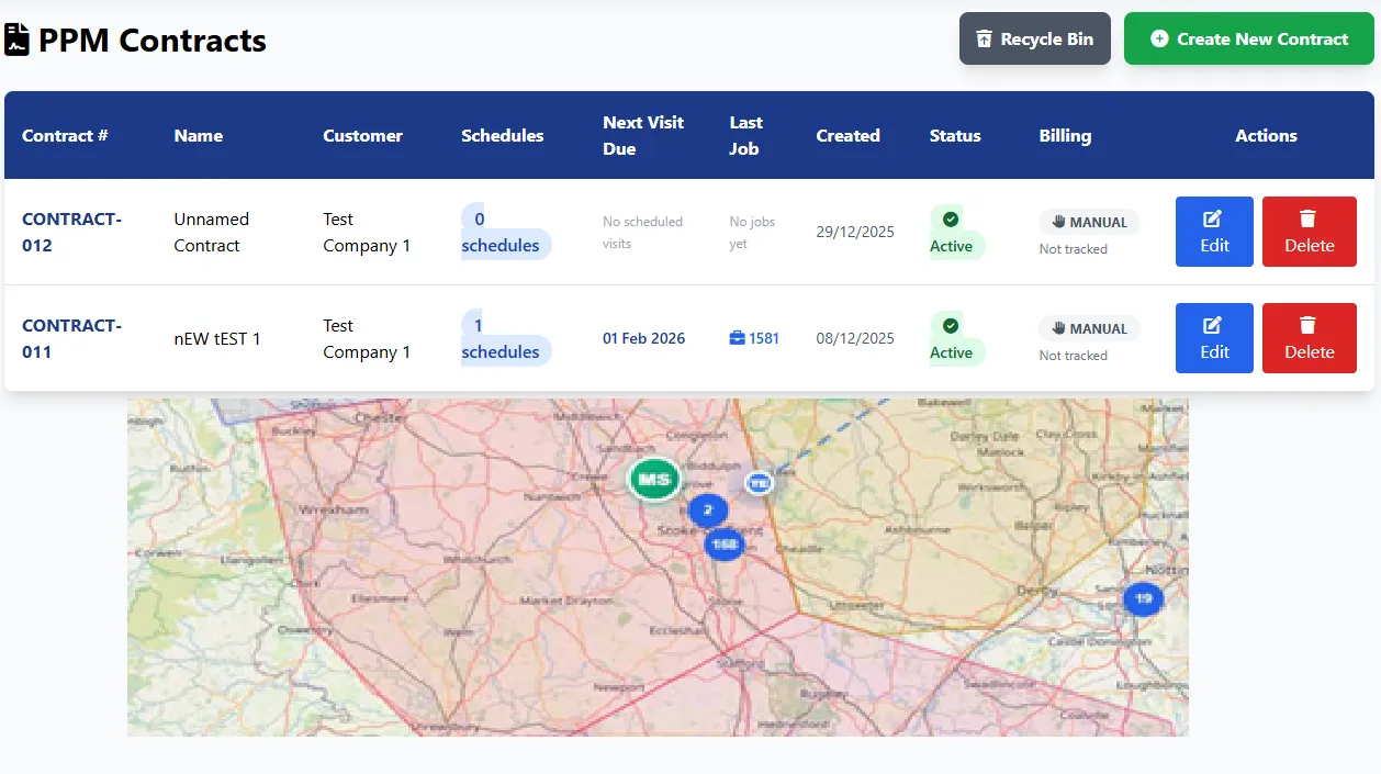 Maintenance management software dashboard for planned service and asset history