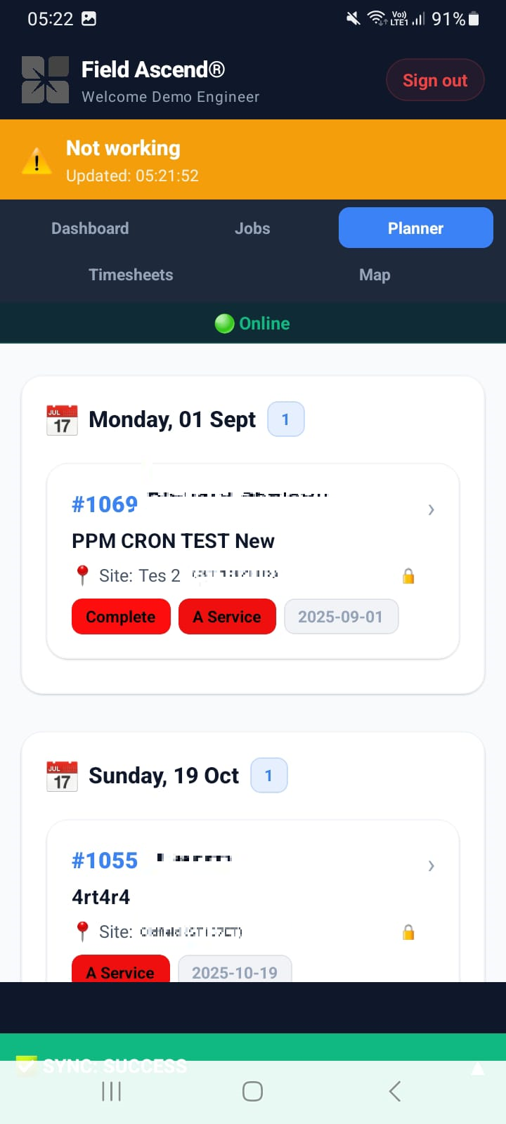 Field Ascend engineer mobile app for completing field jobs