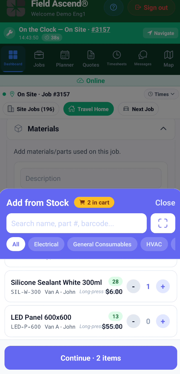 Technician mobile app showing inventory picked from purchase order received parts