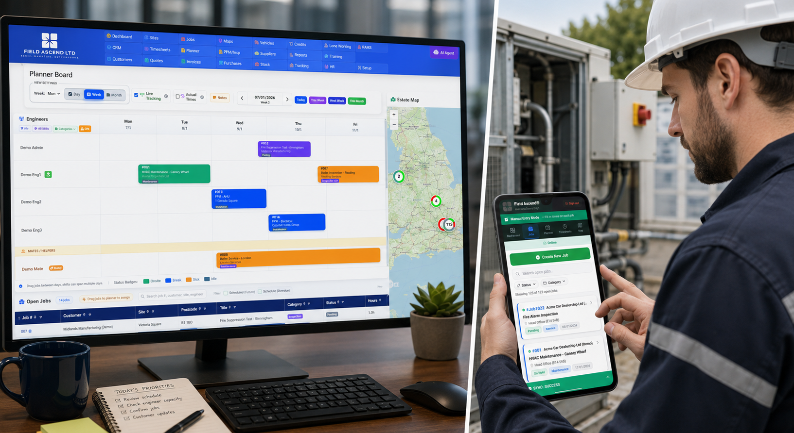 Mobile workforce management software dashboard and technician app for U.S. field service teams