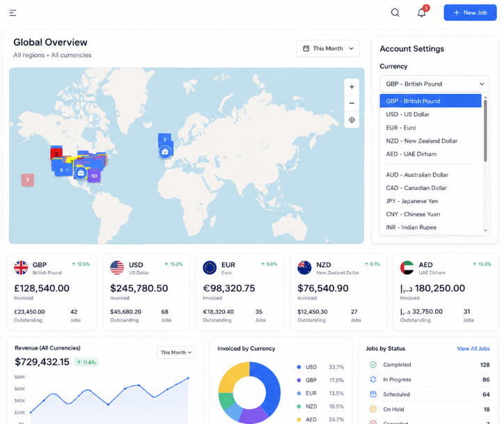 Field Ascend multi-currency field service management software dashboard showing global currency support