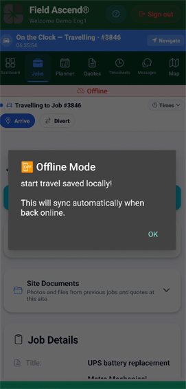 Offline technician job evidence capture showing photos checklists signatures and queued updates for mobile workforce management