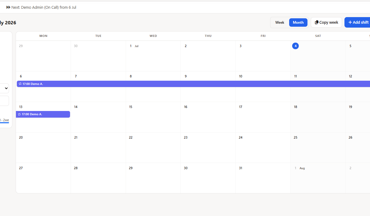 On-call scheduling software board with color-coded on-call, standby, duty manager and weekend coverage shifts in a drag-and-drop week view