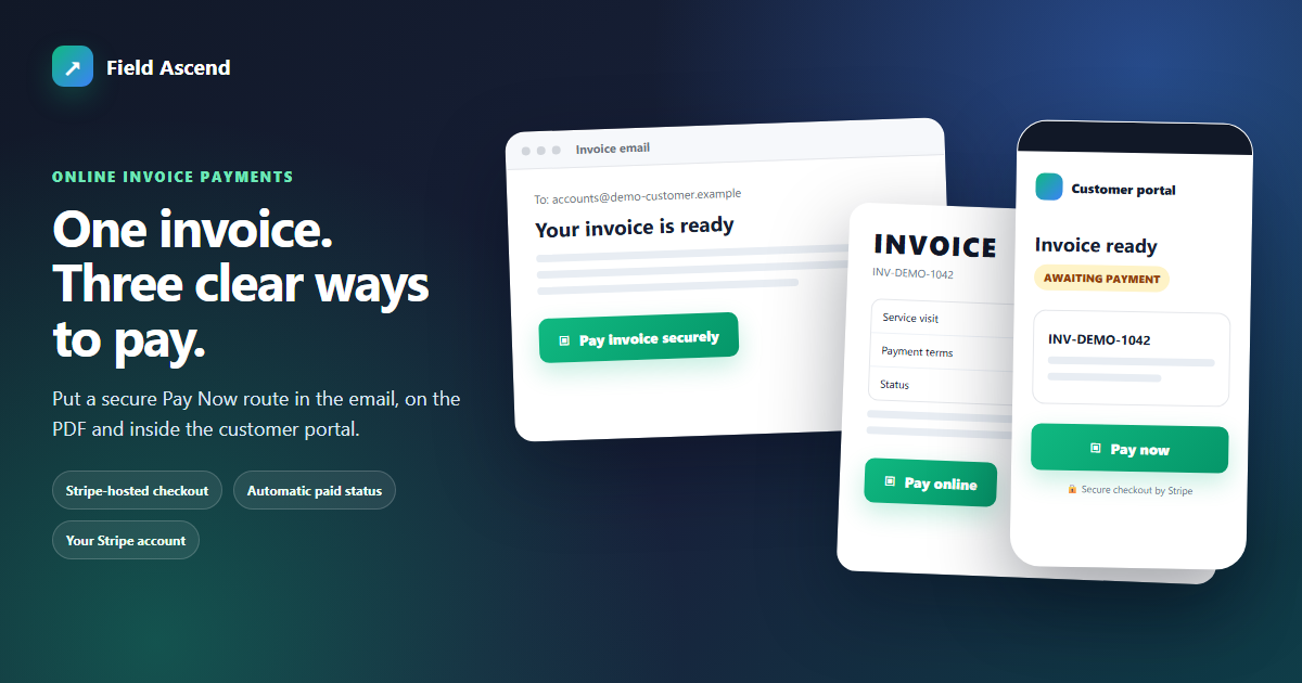 Field Ascend online invoice payment link shown in a customer email, invoice PDF and customer portal