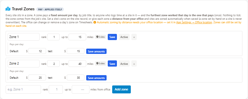 Travel Zones card in Field Ascend payroll settings with zones by distance and per-job-title day rates