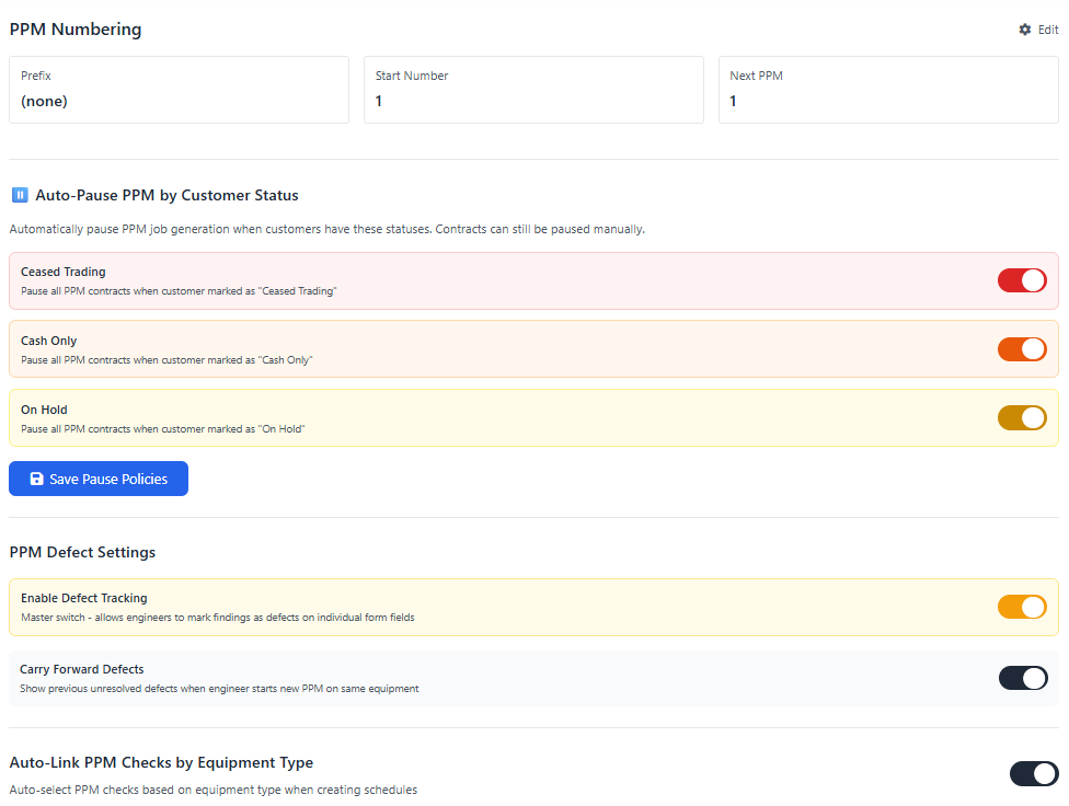 PPM scheduling calendar showing planned preventive maintenance visits for HVAC equipment across multiple sites