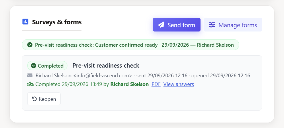 Surveys and forms card on a work order showing a pre-visit readiness check the customer confirmed ready, who completed it, and when