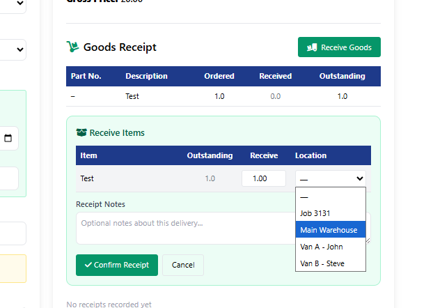 Purchase order receiving screen booking delivered parts into stock