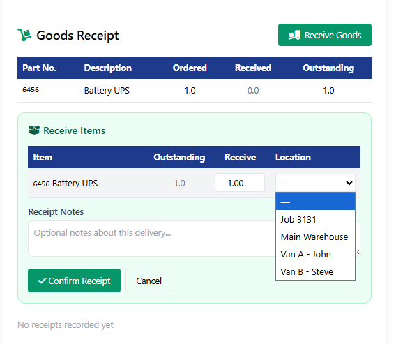 Purchase order receiving into field service inventory locations