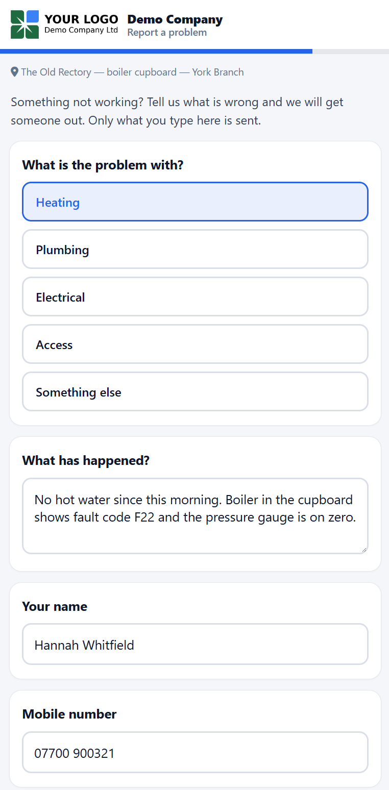 Maintenance request form on a phone after scanning a QR code, showing the property name, problem type, description, name, and phone number fields