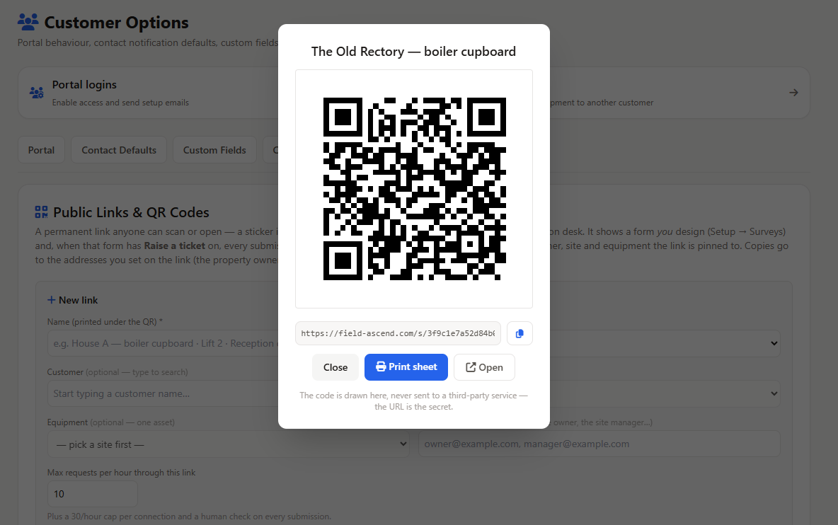Public Links tab in Field Ascend Customer Options showing the QR code for a property link, with print sheet and open buttons