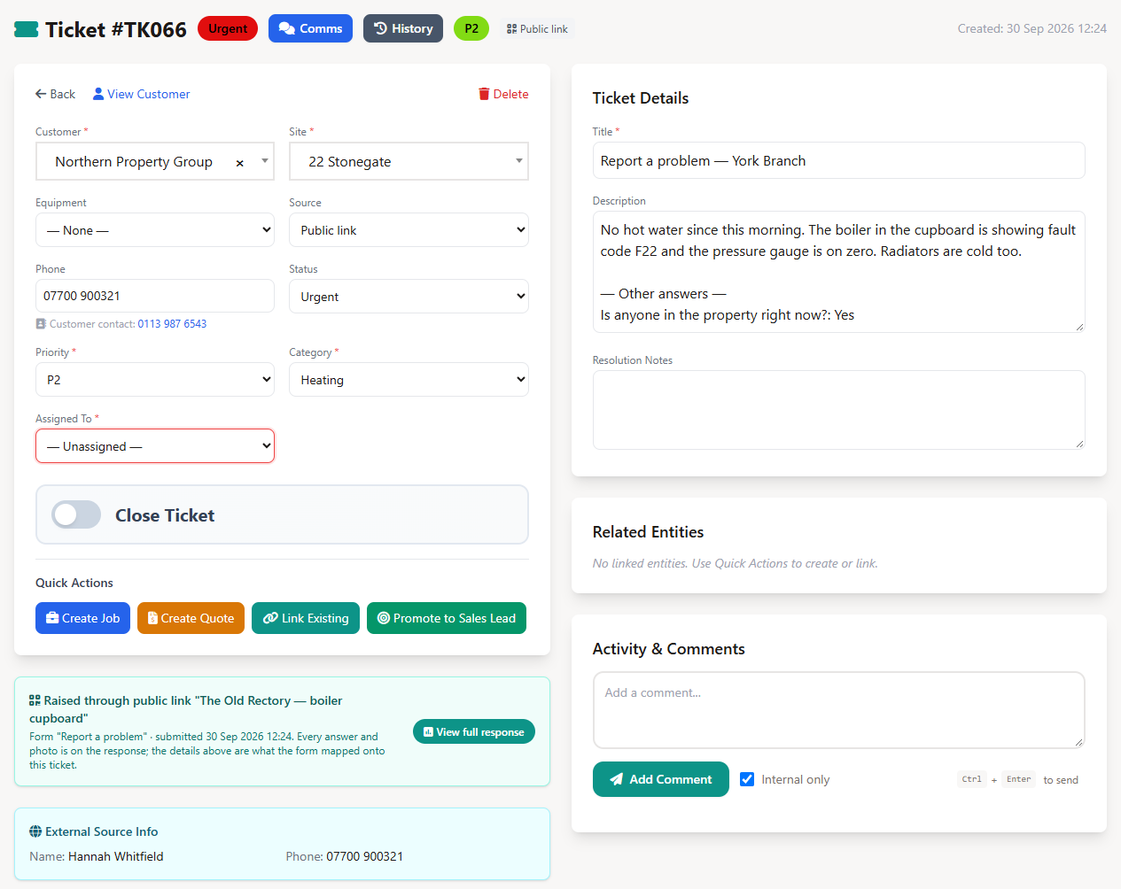 Ticket in Field Ascend raised through a public QR code link, showing the customer, site, category, priority, the guest's description, and a panel naming the link and form it came from