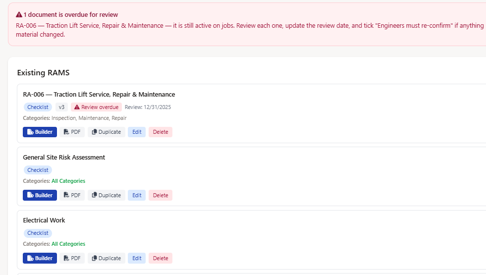 RAMS approval and version control screen showing draft status review date and engineer re-confirmation