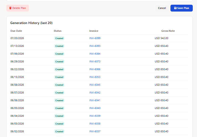 Generated recurring invoice with a recurring badge, ready for email and QuickBooks Online handoff