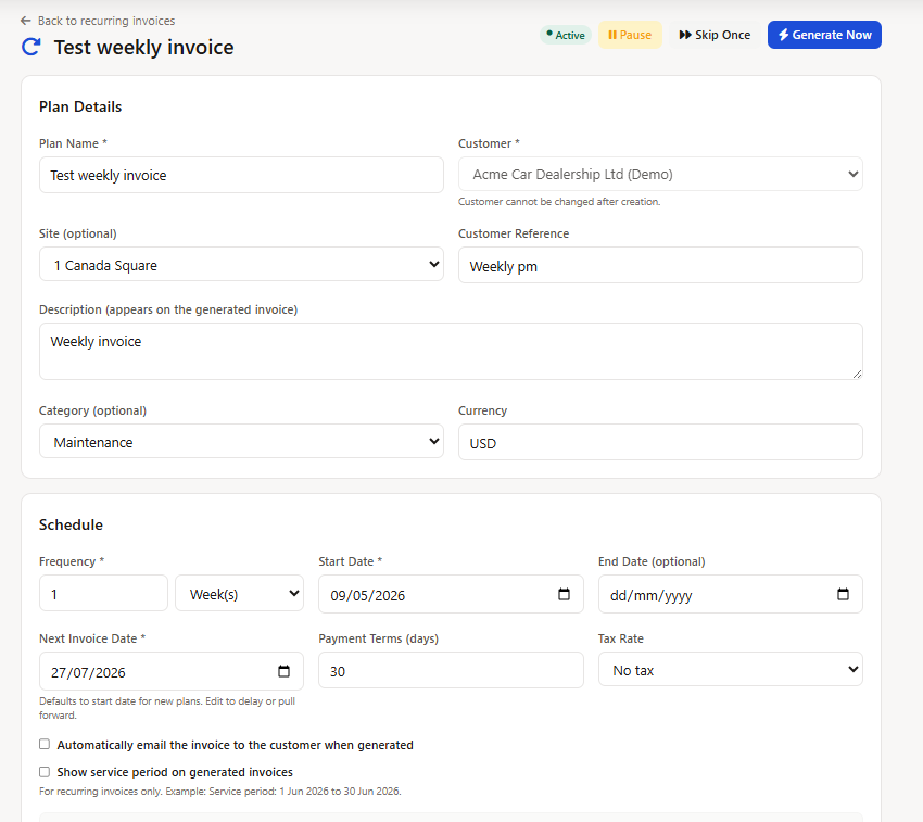 Recurring invoice plan editor showing customer, site, schedule, line items and optional end date