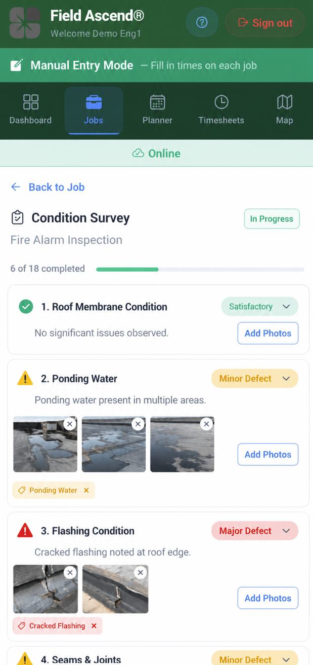 Roofing mobile app condition survey checklist with photo thumbnails, timestamped evidence and defect tags