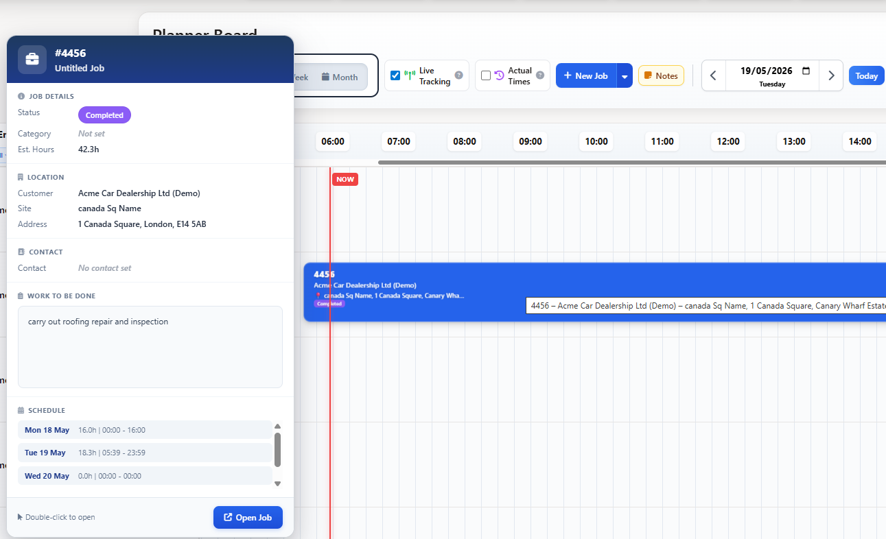 Roofing field service software dispatch dashboard showing emergency leak jobs, planned inspections, SLA timers and quoted repairs