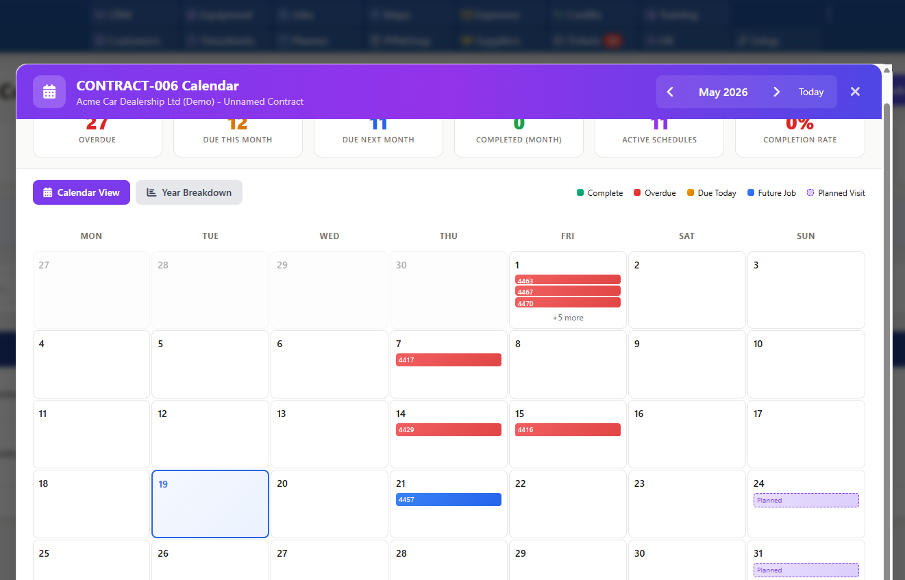 Preventive maintenance calendar for recurring commercial roof inspections across multiple U.S. customer sites