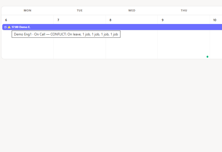 On-call scheduling conflict warning flag on a shift that overlaps a technician's approved time off, with admin override option