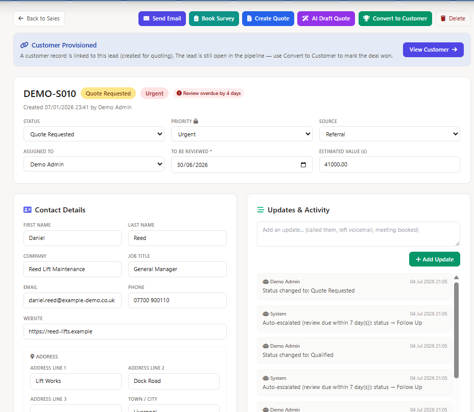 Sales lead CRM record showing audit timeline, linked quotes panel, and follow-up action buttons