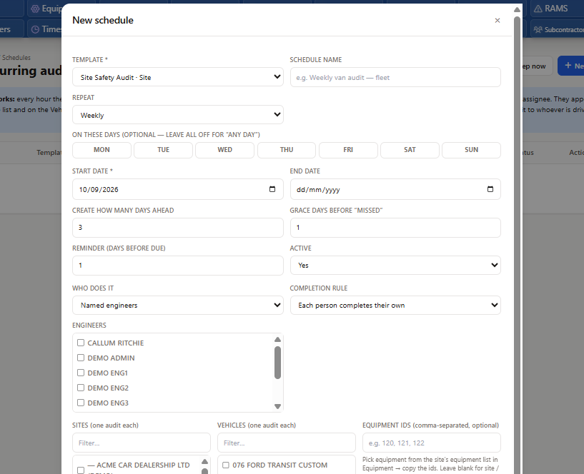 New inspection schedule form showing weekly frequency, grace days, named technicians and site or vehicle subjects
