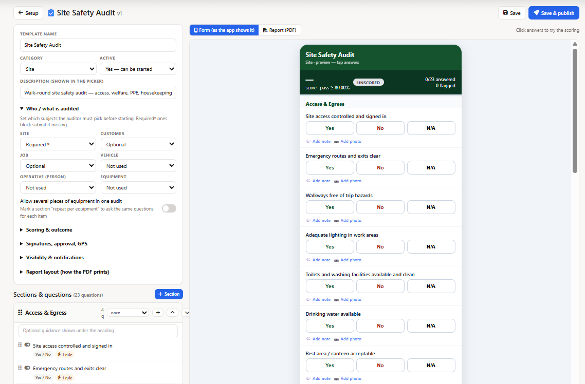 Field inspection software template builder showing sections, Yes/No questions, scoring and a pass mark of 80 percent