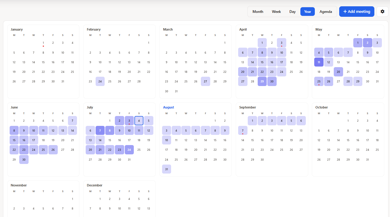 Time-off planner year heatmap showing per-day people density with a busy day highlighted