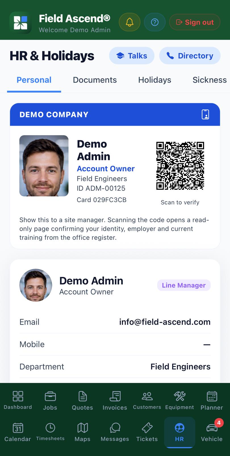 Engineers app HR Personal tab showing a digital staff photo ID card and QR