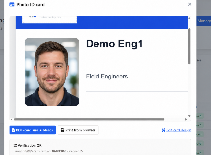 Staff photo ID card print preview, front and back at credit-card size