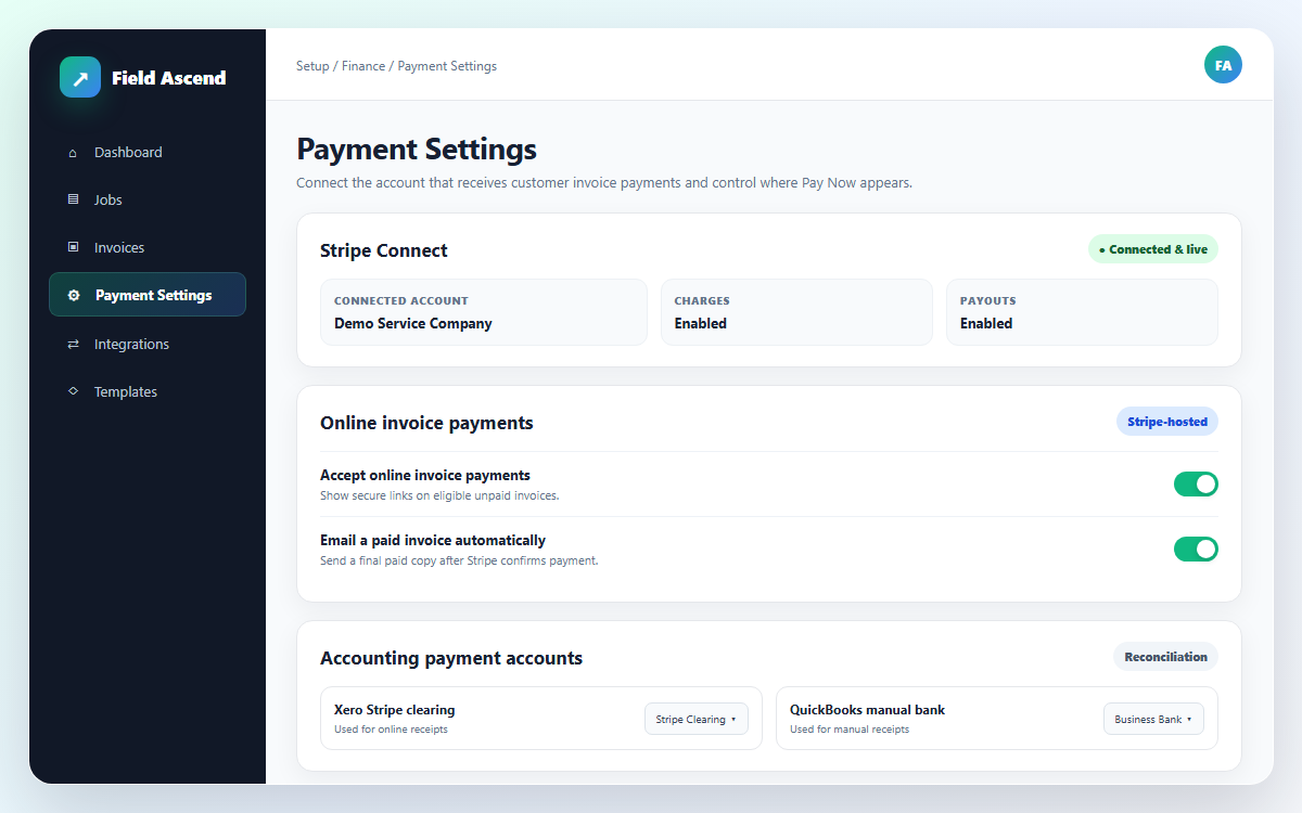 Field Ascend Payment Settings screen for connecting and verifying a UK organisation's Stripe account