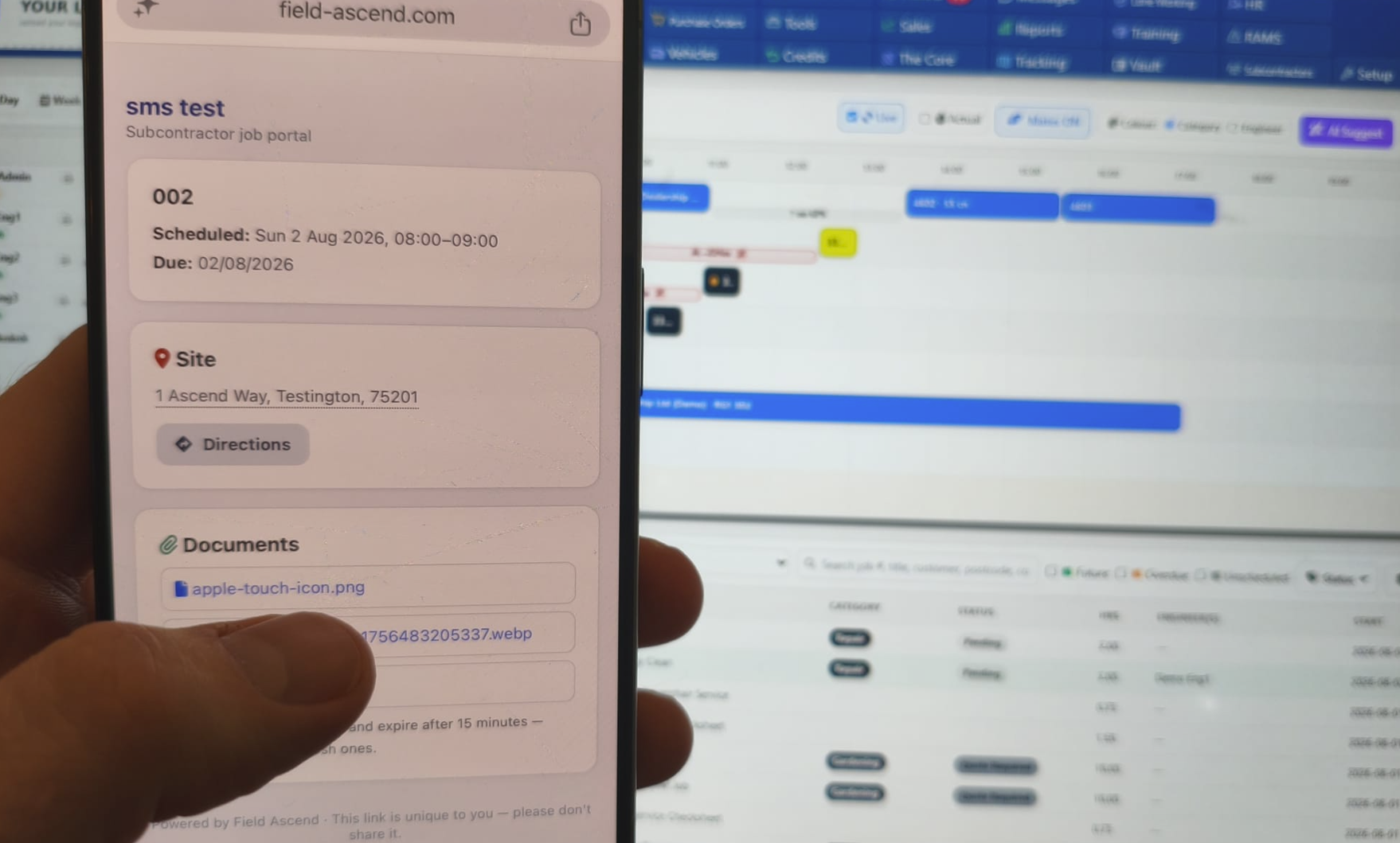 Subcontractor opening a secure dispatch link on their phone to accept a job and upload photos