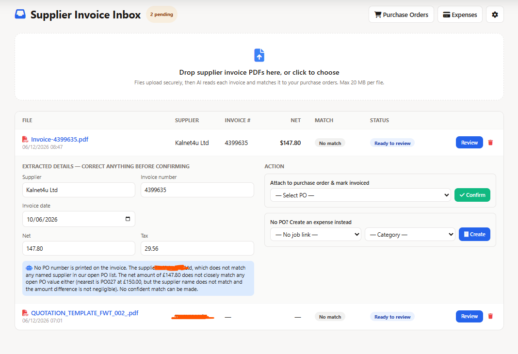 Supplier invoice OCR and purchase order matching screen
