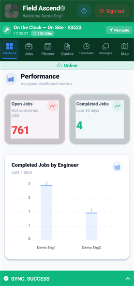 Technician mobile work order app showing job notes forms photos signatures and completion status for U.S. service work