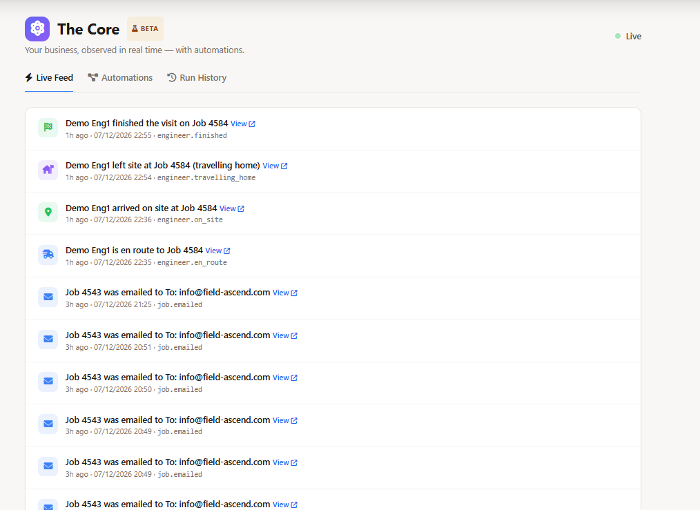 The Core live business event feed showing real-time field service work order, invoice, estimate, and technician events