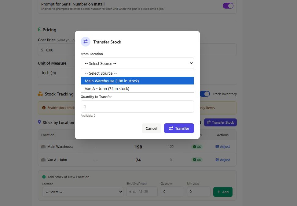 Van stock transfer workflow for moving parts between field service locations