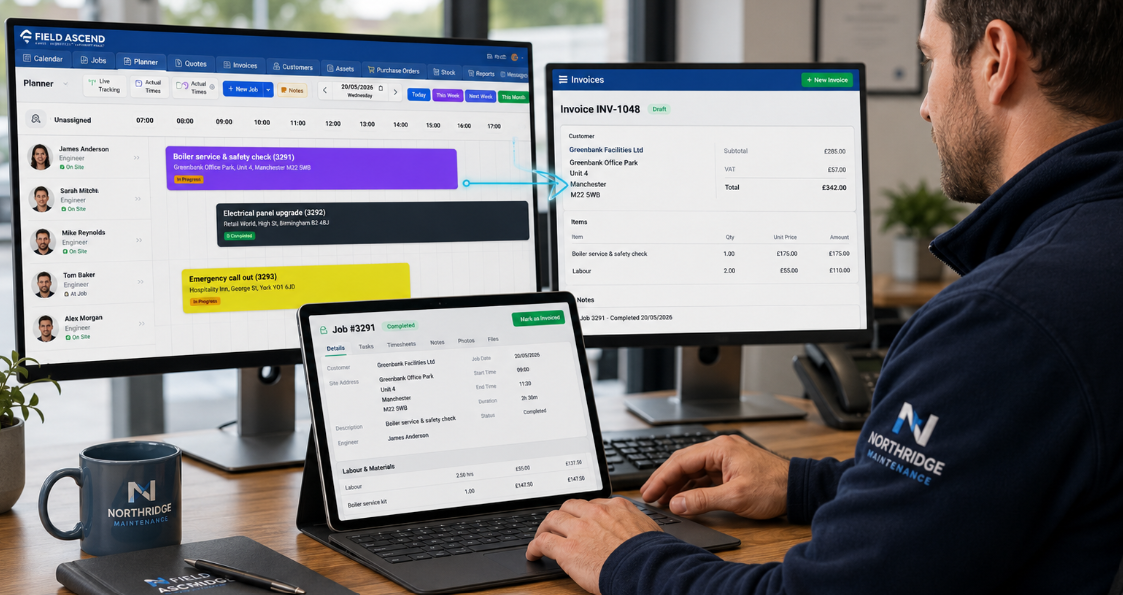 UK field service engineer completing job records on site that flow into VAT and CIS compliant invoices