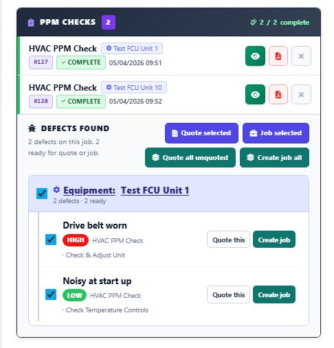 Bulk PM defect picker used to create customer estimate tasks from selected defects