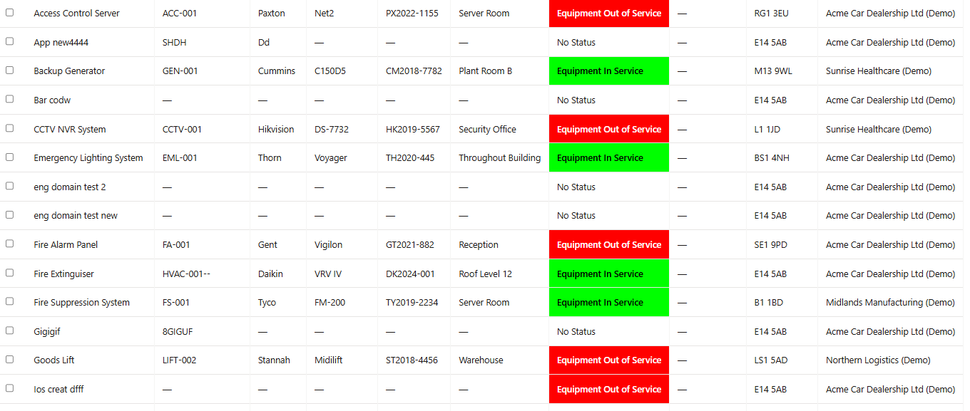 Equipment registry showing assets with types, serial numbers and service history