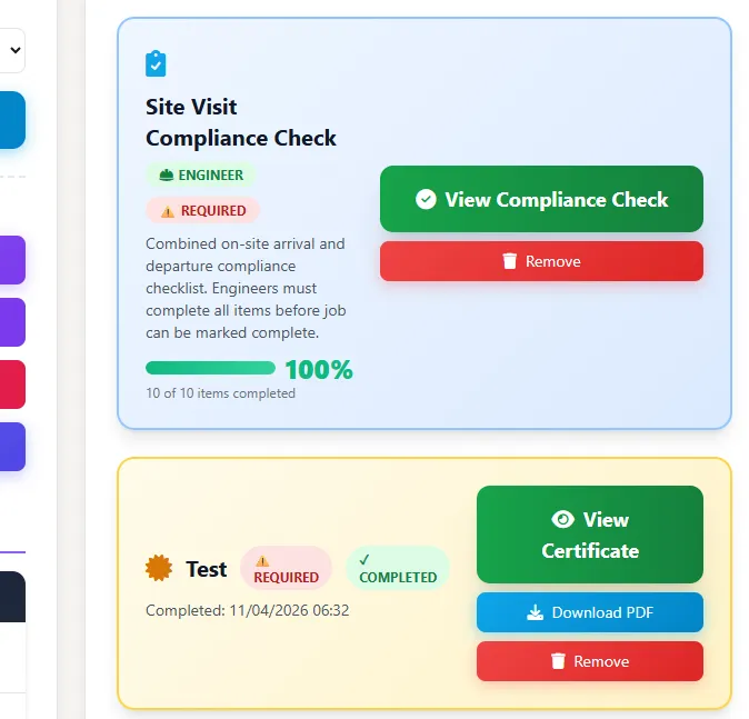Compliance tracking dashboard showing certificate status, expiry dates, and inspection schedules