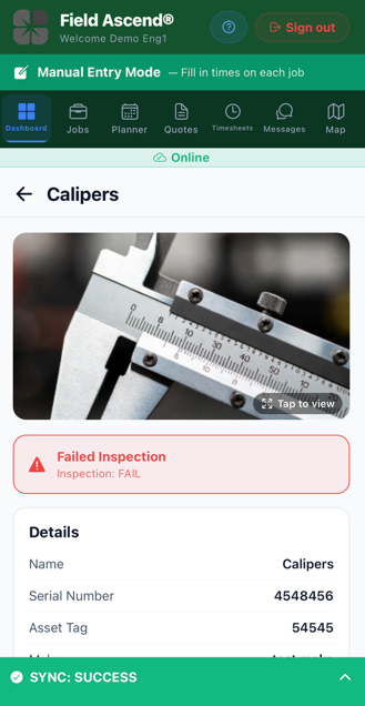 Mobile app showing technician completing a facility maintenance work order with equipment details