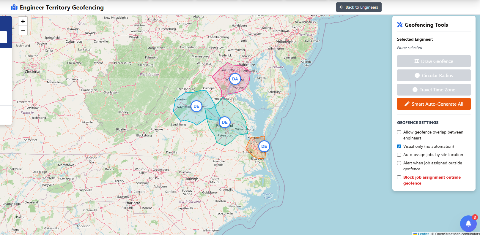 Map showing technician territory zones with geofencing and isochrone boundaries