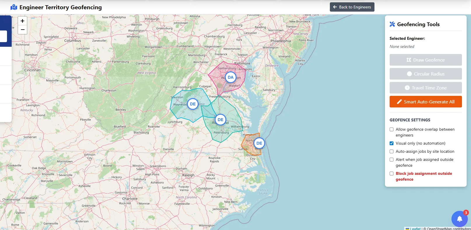 Map showing technician territory zones with geofencing and isochrone boundaries