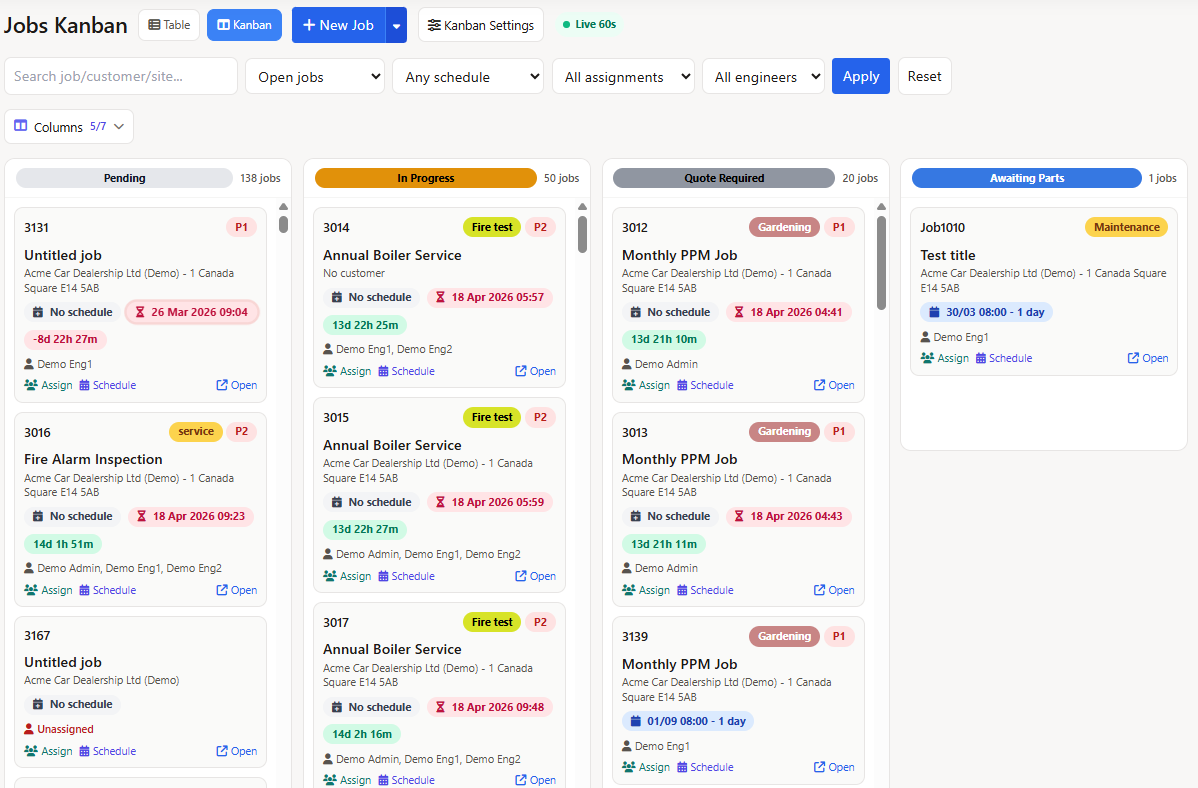 Kanban board with work orders organized by status columns and drag-and-drop