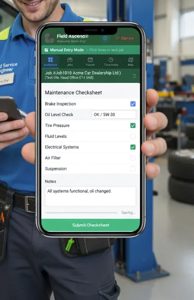 Mobile maintenance checksheet for technician readings and service evidence
