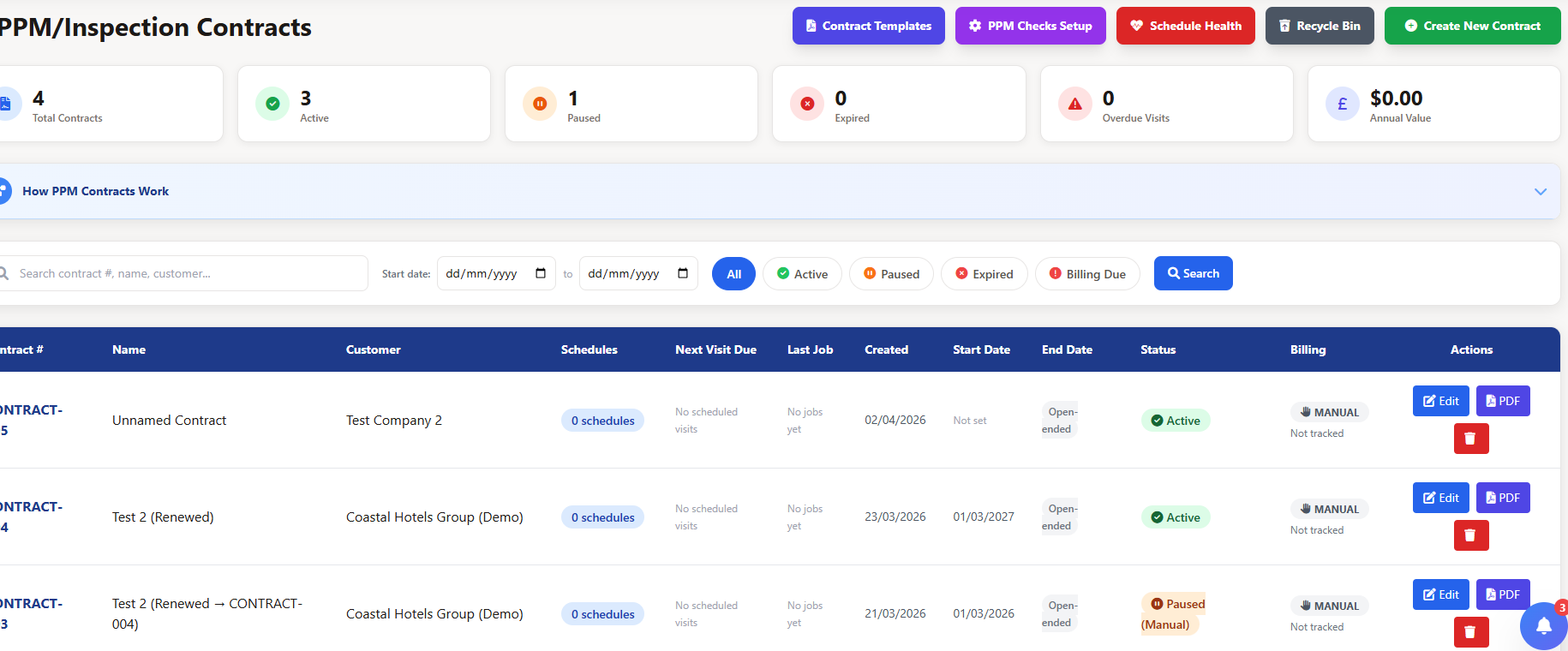Preventive maintenance scheduling dashboard showing recurring schedules, overdue visits, and completion rates