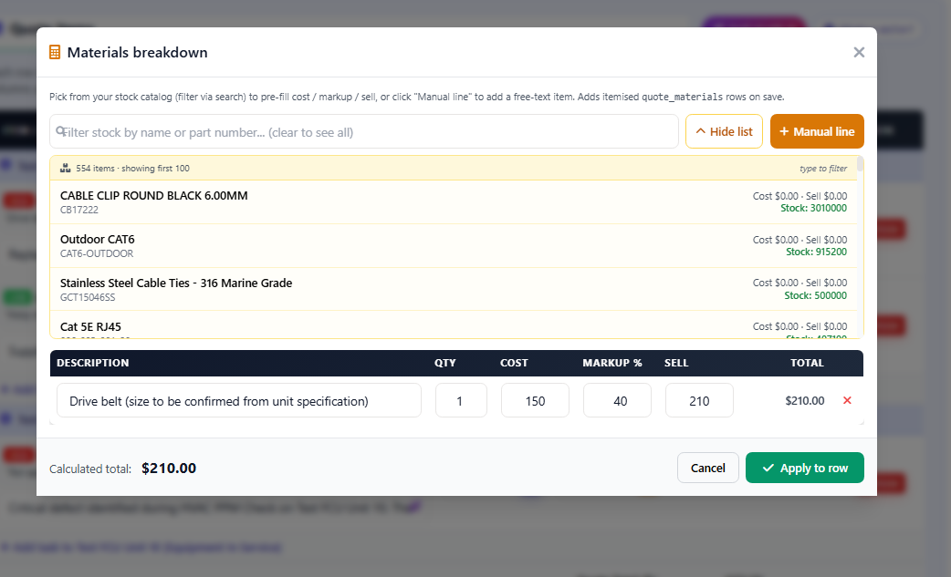 Structured quote materials picker showing stock catalogue search and task material lines with cost and sell prices