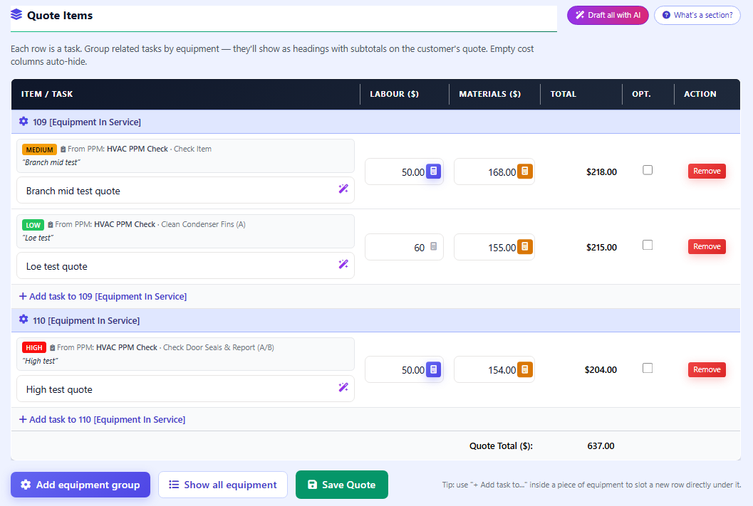 Structured quote builder showing sections, tasks, labour, materials and subtotals for a remedial works quote