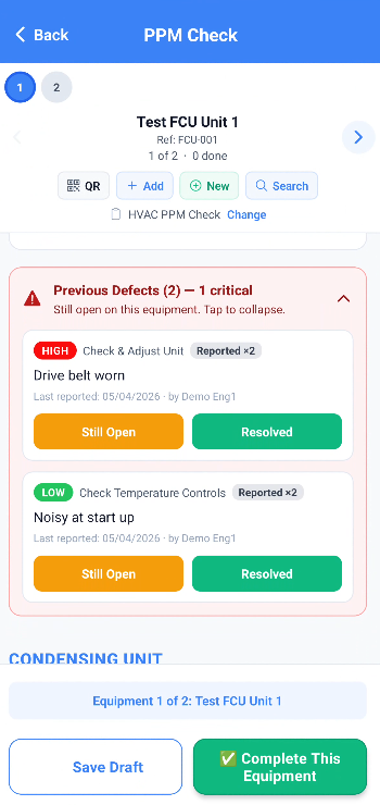 Technician mobile app screen mid PM check tapping Log defect with severity picker overlay defect description field and photo attachment