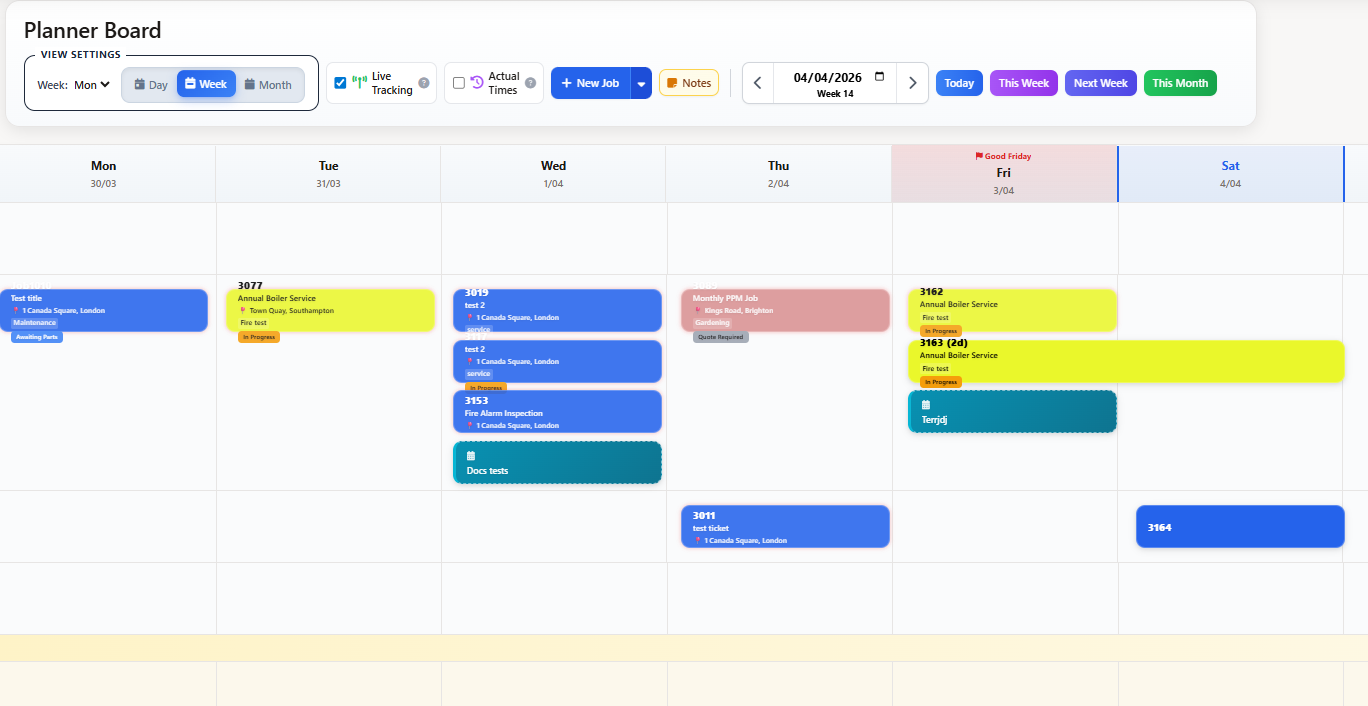 Visual planner board with technician schedules and drag-and-drop job scheduling